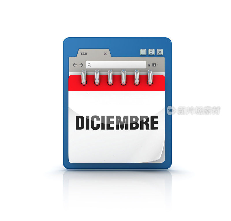 网页浏览器与DICIEMBRE日历-西班牙语单词- 3D渲染